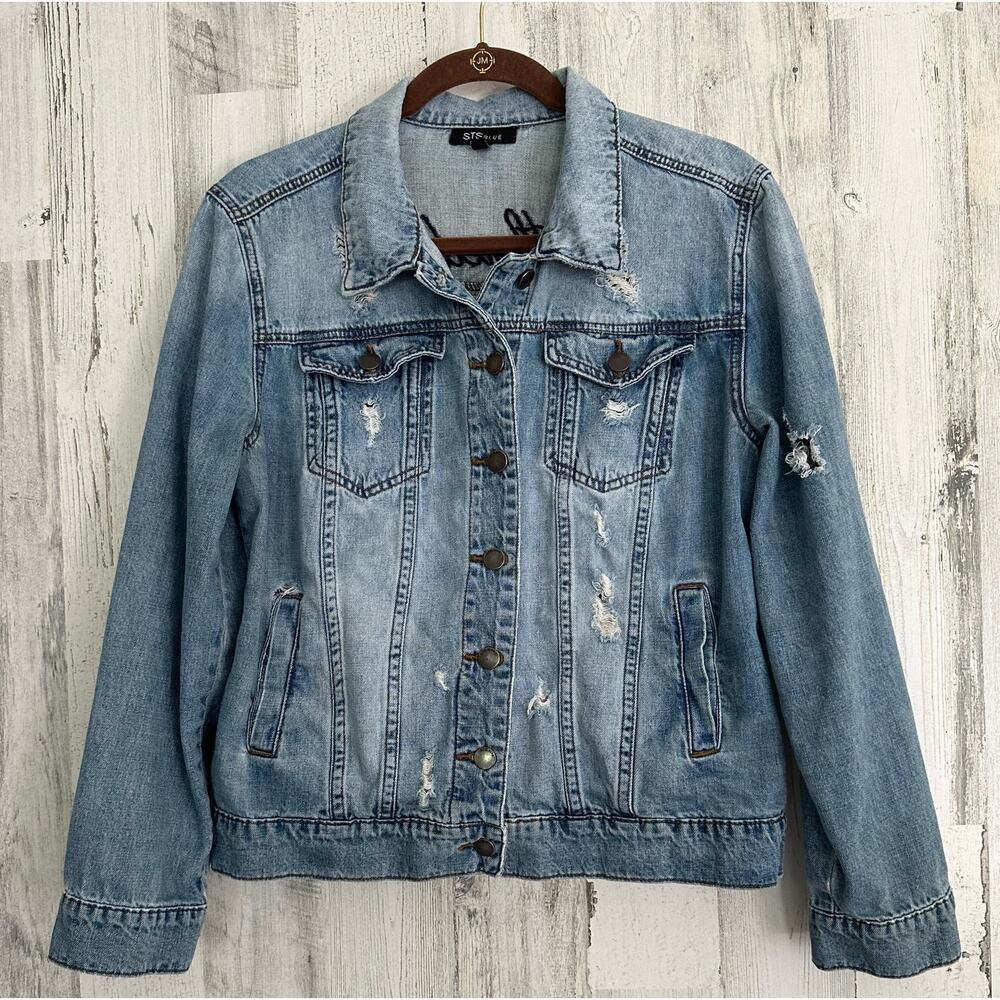 STS Blue Womens Jean Trucker Jacket‎ Size Small Distressed Embroidered
